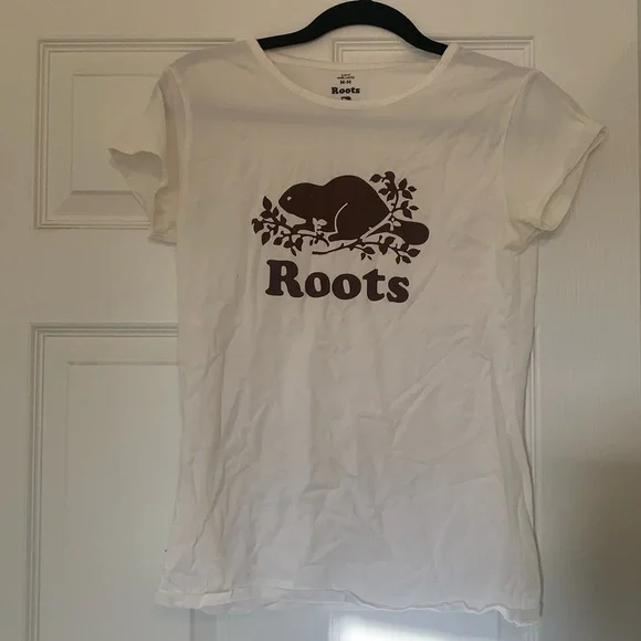 Roots Organic Cotton White T-Shirt with Red-Brown Logo - Picture 1 of 1